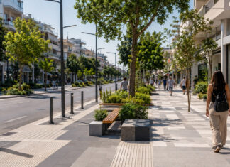 Νέα Ιωνία: Έργο 4 εκατ. ευρώ αλλάζει πεζοδρόμια και εμπορικό κέντρο Editorial απεικόνιση προσβάσιμου πεζοδρομίου για την ανάπλαση του εμπορικού κέντρου της Νέας Ιωνίας