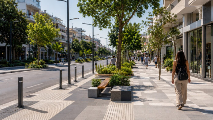 Editorial απεικόνιση προσβάσιμου πεζοδρομίου για την ανάπλαση του εμπορικού κέντρου της Νέας Ιωνίας