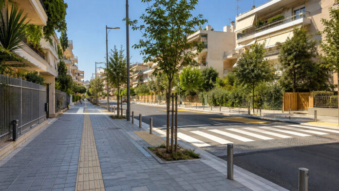 Αναβαθμισμένος αστικός δρόμος με προσβάσιμο πεζοδρόμιο, διάβαση και νέες δενδροφυτεύσεις