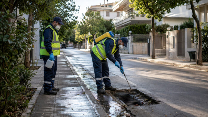Συνεργεία διαχείρισης κουνουπιών πραγματοποιούν προληπτική εφαρμογή σε φρεάτιο αστικού δρόμου
