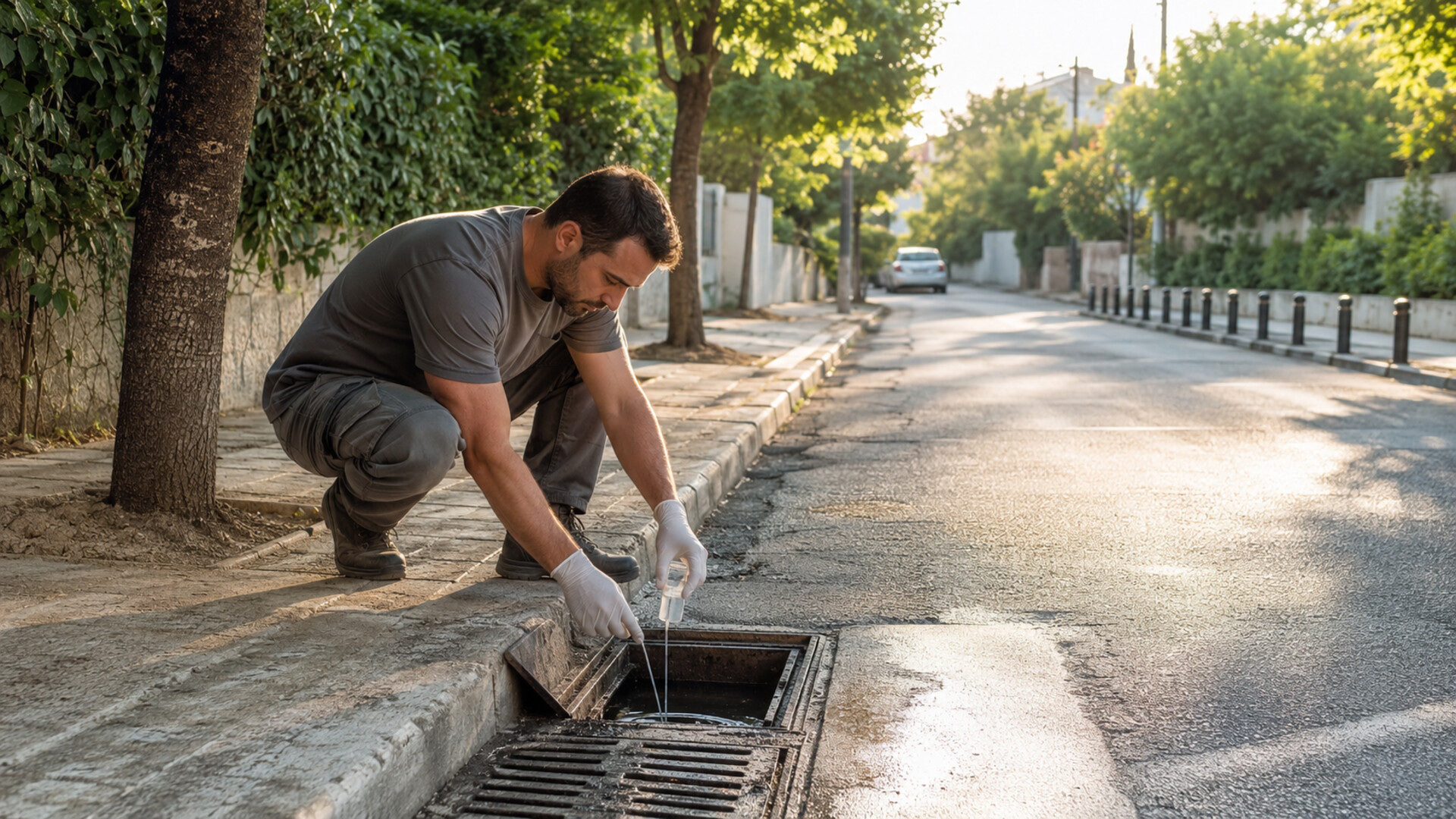 Συνεργείο δημόσιας υγείας ελέγχει φρεάτιο ομβρίων σε αστική γειτονιά με πράσινο