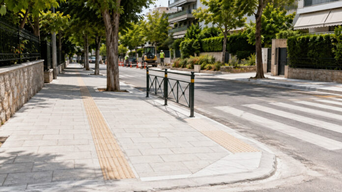Νέο προσβάσιμο πεζοδρόμιο με όδευση τυφλών και ράμπα σε αστική γειτονιά
