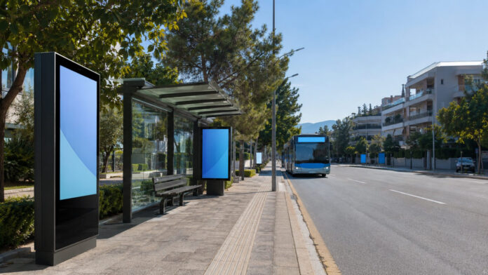 Σύγχρονο στέγαστρο στάσης με ψηφιακές οθόνες σε αστικό δρόμο