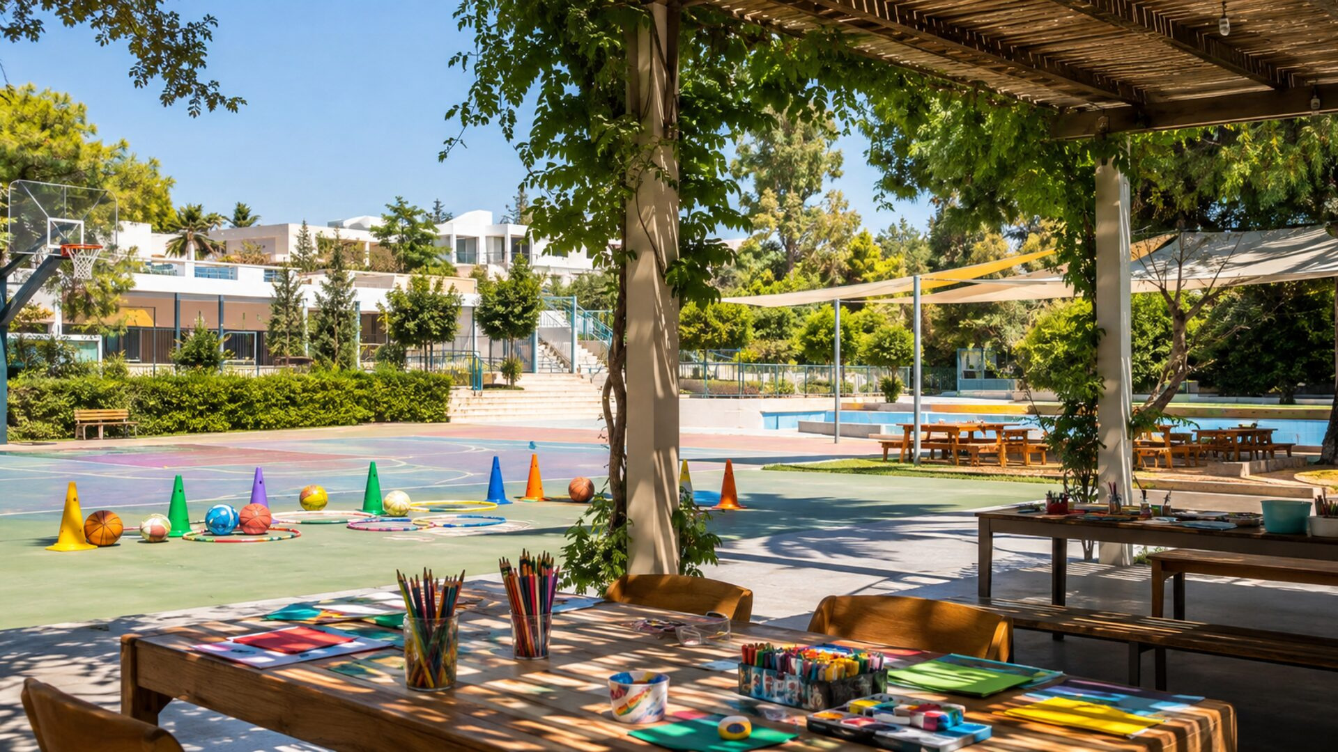Αθλητικός χώρος με εξοπλισμό παιχνιδιού και τραπέζια δημιουργικών δραστηριοτήτων
