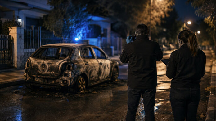 Ερευνητές εξετάζουν καμένο αυτοκίνητο σε αστικό δρόμο μετά την κατάσβεση