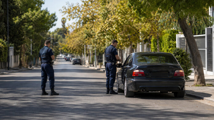 Αστυνομικοί ελέγχουν όχημα σε δεντροφυτεμένο δρόμο του Αμαρουσίου