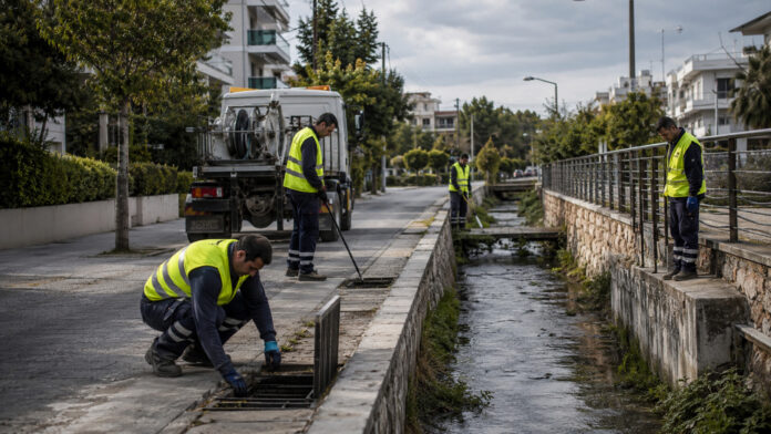 Συνεργεία ελέγχουν φρεάτια και δίκτυα ομβρίων σε αστικό δρόμο