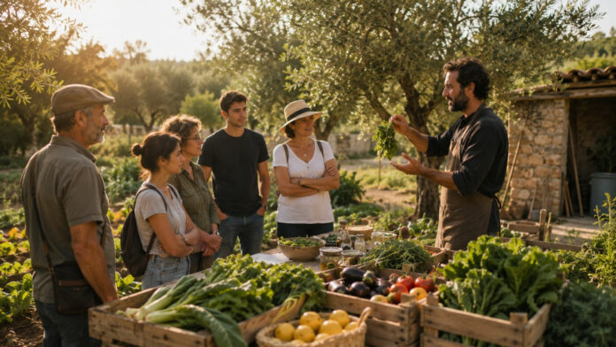 Παραγωγός παρουσιάζει τοπικά προϊόντα σε επισκέπτες αγροτικής εκμετάλλευσης στην Αττική