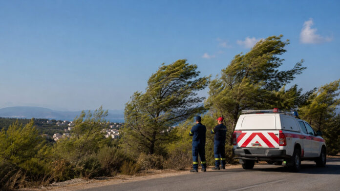 Ομάδα πολιτικής προστασίας επιτηρεί πευκόφυτη περιοχή με ισχυρούς ανέμους