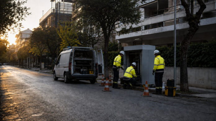 Συνεργείο ηλεκτρικού δικτύου εργάζεται σε αστικό δρόμο της Αττικής
