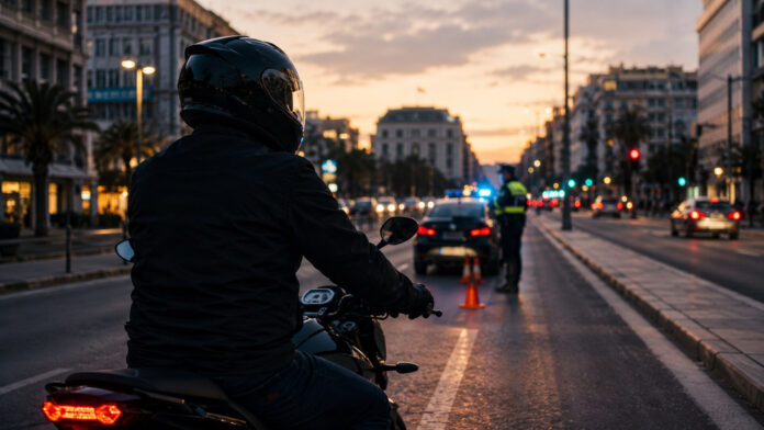 Μοτοσικλετιστής με κράνος πλησιάζει σε τροχονομικό έλεγχο σε λεωφόρο της Αττικής