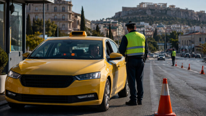Κίτρινο ταξί σε τροχονομικό έλεγχο σε δρόμο της Αθήνας