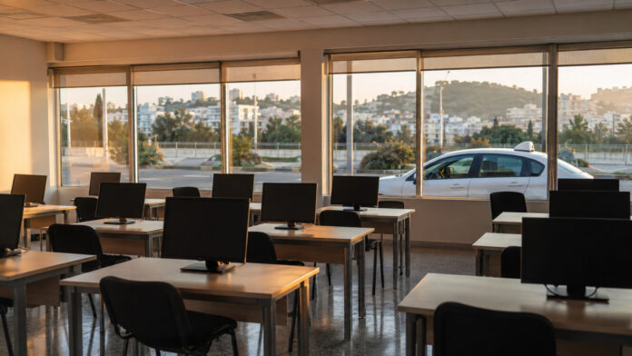 Αίθουσα θεωρητικών εξετάσεων οδήγησης με θέσεις υπολογιστών και εκπαιδευτικό αυτοκίνητο έξω
