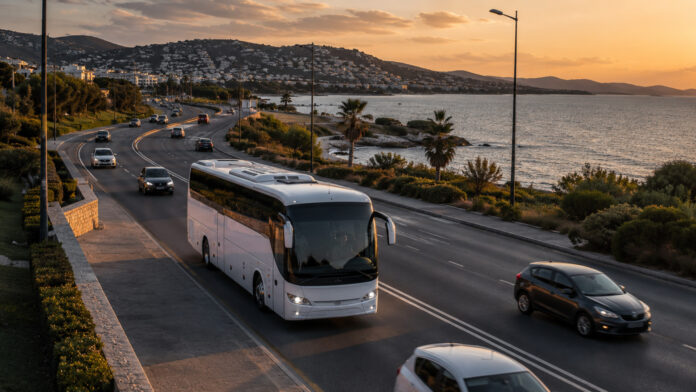 Λευκό λεωφορείο κινείται σε παραλιακή λεωφόρο της Αττικής με διπλή διαχωριστική γραμμή