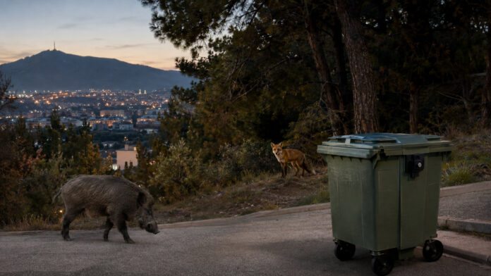 Αγριόχοιρος και αλεπού κοντά σε κλειστό κάδο στην άκρη περιαστικού δάσους