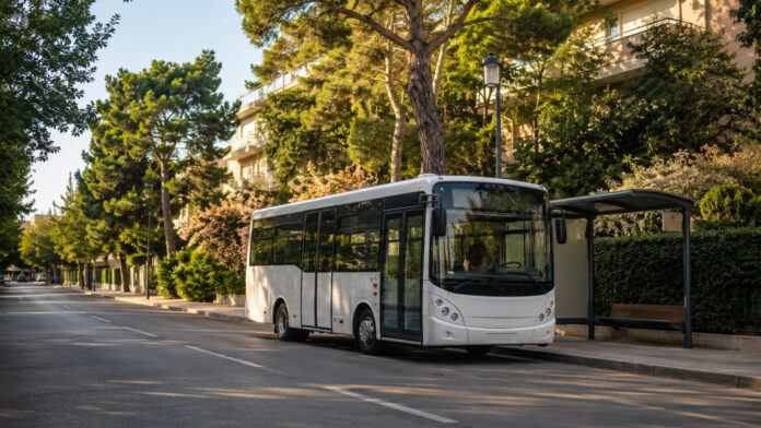 Editorial απεικόνιση δημοτικού λεωφορείου σε ήσυχο δρόμο του Χαλανδρίου τον Αύγουστο
