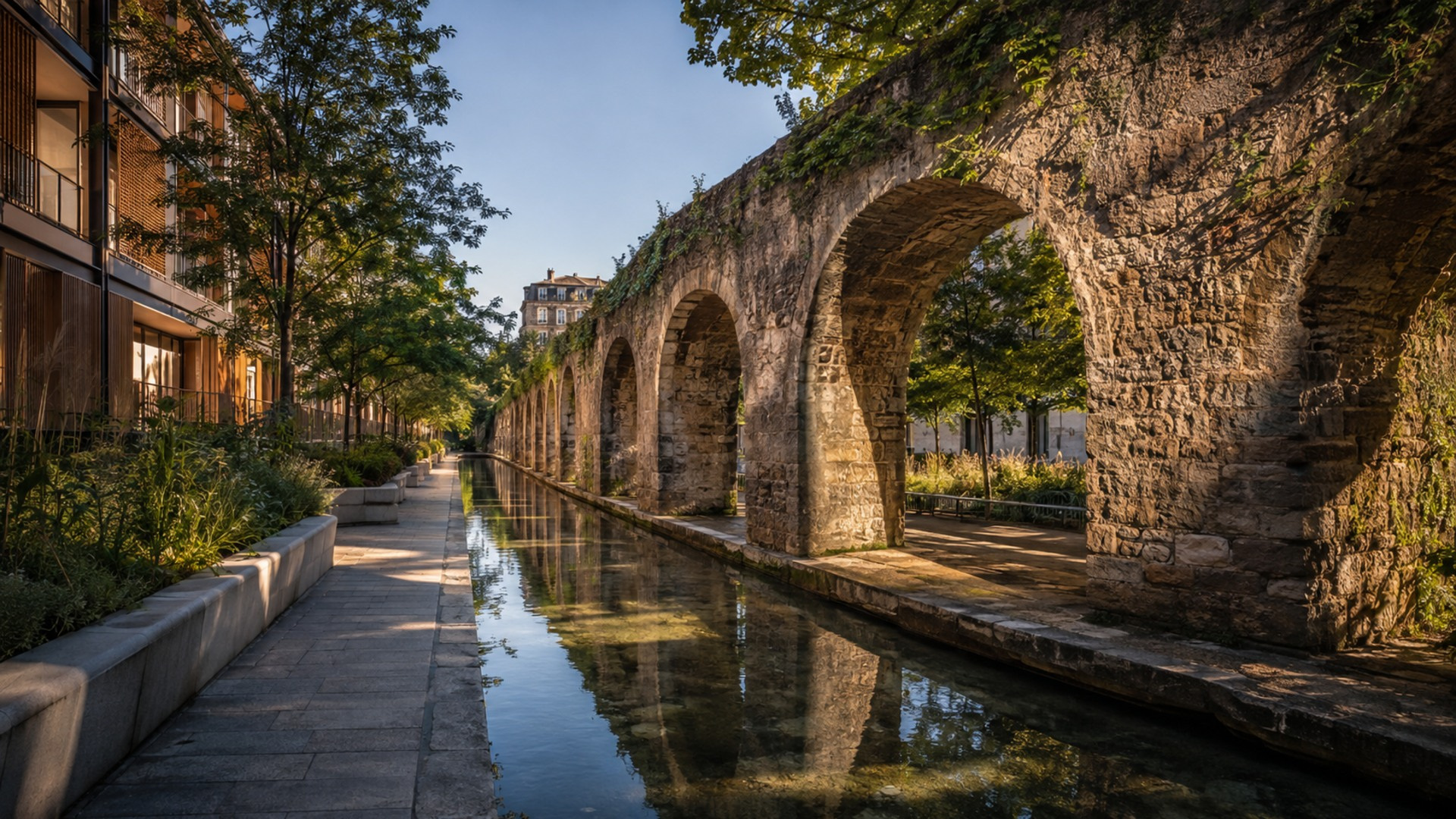 Αστικό κανάλι νερού δίπλα σε ιστορικές πέτρινες καμάρες και πράσινο