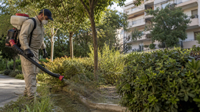 Επαγγελματίας απεντόμωσης εφαρμόζει προληπτικό ψεκασμό σε αστικό χώρο πρασίνου