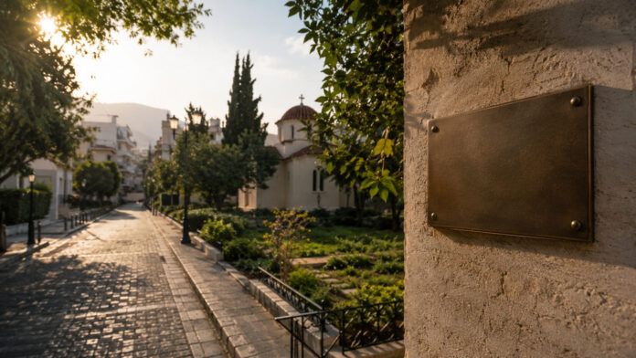 chalandri-odos-papapostolou-20260815-0030-1920x1080-1 Κενή μεταλλική πινακίδα ονοματοδοσίας σε ήσυχο δρόμο με πράσινο