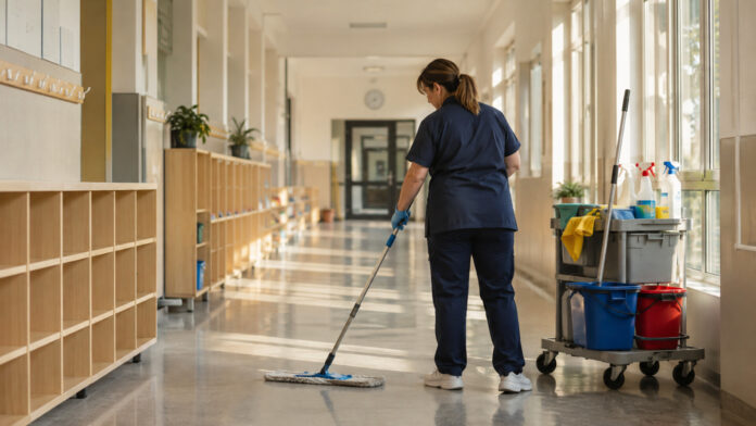 Εργαζόμενη καθαριότητας φροντίζει διάδρομο σχολείου στο Χαλάνδρι