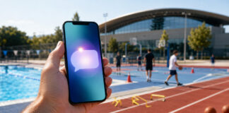 Χαλάνδρι: Νέο κανάλι Viber για αθλητικά προγράμματα και εγκαταστάσεις Κινητό τηλέφωνο μπροστά από σύγχρονο αθλητικό συγκρότημα με πισίνα και γήπεδα