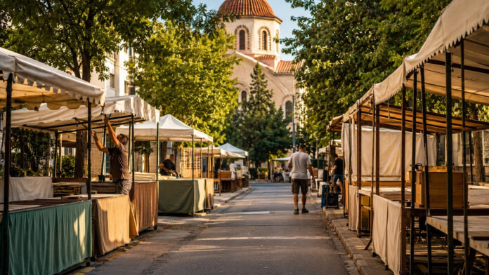 Προετοιμασία υπαίθριων πάγκων για καλοκαιρινή εμποροπανήγυρη σε αστικό δρόμο