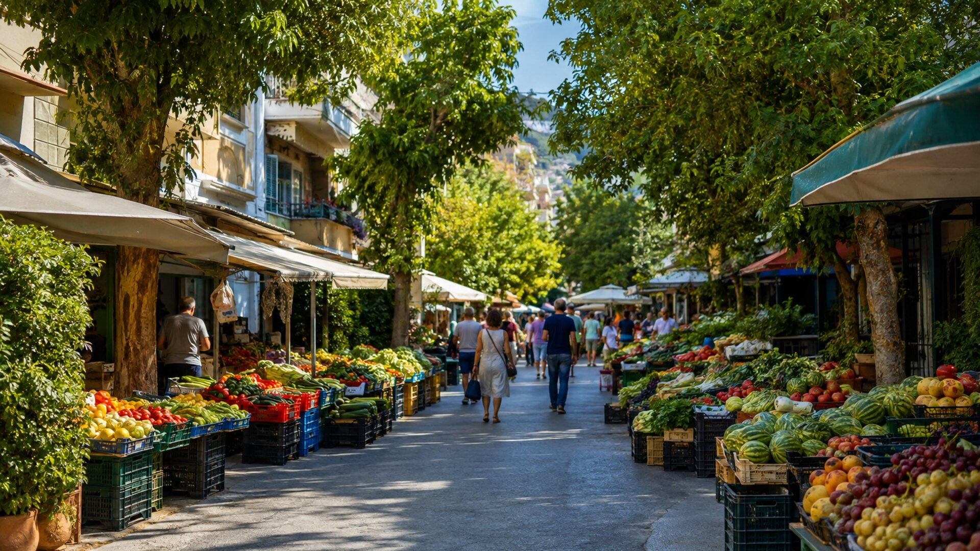 Υπαίθρια λαϊκή αγορά σε δρόμο του Χολαργού με πάγκους φρούτων και λαχανικών