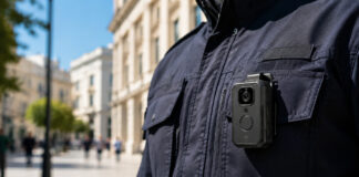 ΕΛ.ΑΣ.: Φορητό σύστημα επιτήρησης σε επτά ζώνες της Αθήνας έως 1η Σεπτεμβρίου Κάμερα σώματος προσαρτημένη σε στολή ασφαλείας σε αστικό περιβάλλον