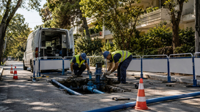 Συνεργείο ύδρευσης σε εργασίες δικτύου σε δεντροφυτεμένη αστική οδό