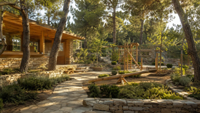 Κήπος με πέτρινα μονοπάτια, ξύλινο περίπτερο και παραδοσιακές κατασκευές παιχνιδιού