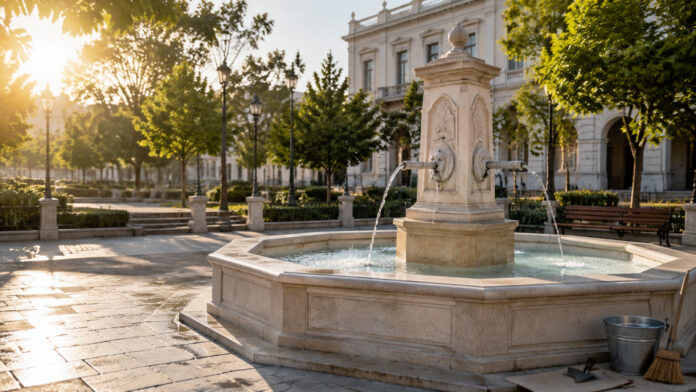 Συντηρημένο πέτρινο συντριβάνι σε καταπράσινη αστική πλατεία