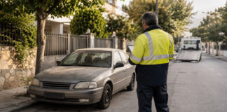 Φιλοθέη–Ψυχικό: Η διαδικασία για τα εγκαταλειμμένα οχήματα Δημοτικός υπάλληλος καταγράφει εγκαταλειμμένο όχημα σε ήσυχο αστικό δρόμο