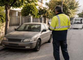 Φιλοθέη–Ψυχικό: Η διαδικασία για τα εγκαταλειμμένα οχήματα Δημοτικός υπάλληλος καταγράφει εγκαταλειμμένο όχημα σε ήσυχο αστικό δρόμο