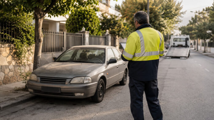 Δημοτικός υπάλληλος καταγράφει εγκαταλειμμένο όχημα σε ήσυχο αστικό δρόμο