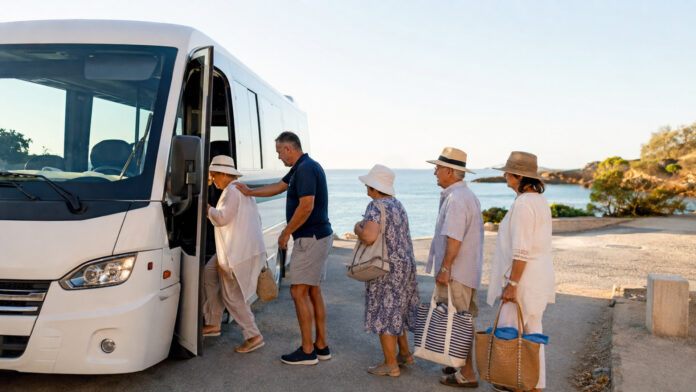 Συμμετέχοντες σε δημοτικό πρόγραμμα επιβιβάζονται σε λεωφορείο για πρωινή μετάβαση στην παραλία