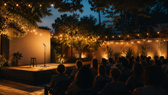 Μικρή σκηνή stand-up comedy με μικρόφωνο σε θερινό κινηματογράφο