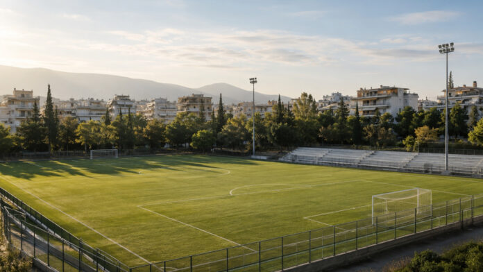 Δημοτικό γήπεδο ποδοσφαίρου με πράσινο αγωνιστικό χώρο και κερκίδες σε αστική γειτονιά