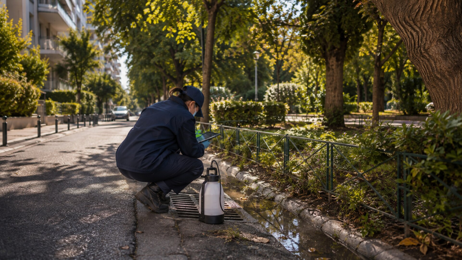 Τεχνικός περιβάλλοντος ελέγχει φρεάτιο και στάσιμα νερά σε αστική γειτονιά