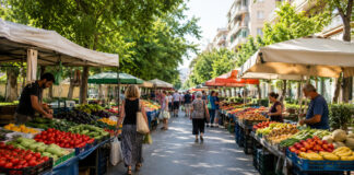 Γαλάτσι: Στην Ελευθερίου Βενιζέλου και την Κουντουριώτου οι λαϊκές αγορές Λαϊκή αγορά με πάγκους φρούτων και λαχανικών σε δενδροφυτεμένο δρόμο