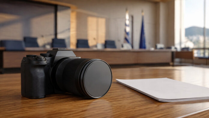 Ψηφιακή φωτογραφική μηχανή σε τραπέζι αίθουσας συνεδριάσεων