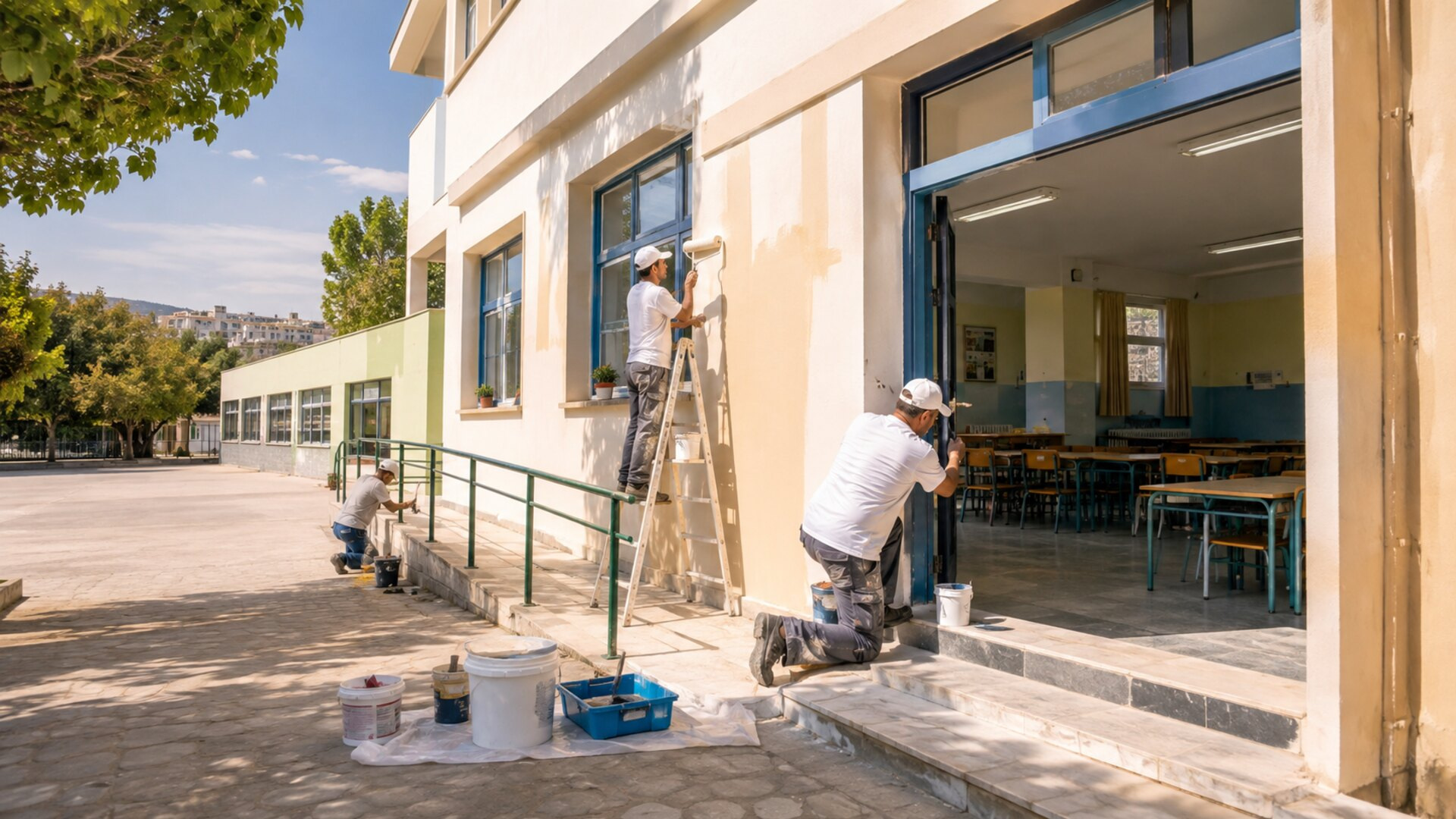 Εργασίες βαφής και συντήρησης σε σχολικό κτίριο πριν από τη νέα σχολική χρονιά