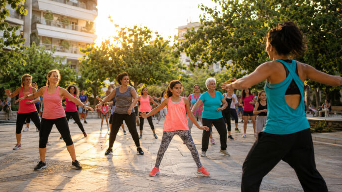 Υπαίθριο ομαδικό μάθημα Zumba σε πλατεία γειτονιάς