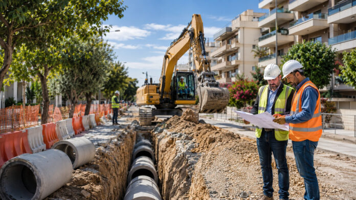 Μηχανικοί επιβλέπουν την εγκατάσταση νέου υπόγειου αγωγού αποχέτευσης σε αστική γειτονιά