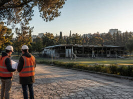 Γουδή: Ομόφωνο αίτημα για κατεδάφιση του καμένου Badminton Μηχανικοί εξετάζουν σχέδια αποκατάστασης δίπλα σε περιφραγμένο καμένο κτίριο μέσα σε μεγάλο αστικό πάρκο