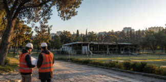 Γουδή: Ομόφωνο αίτημα για κατεδάφιση του καμένου Badminton Μηχανικοί εξετάζουν σχέδια αποκατάστασης δίπλα σε περιφραγμένο καμένο κτίριο μέσα σε μεγάλο αστικό πάρκο