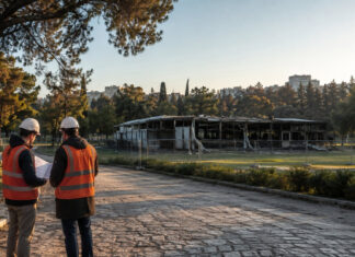 Γουδή: Ομόφωνο αίτημα για κατεδάφιση του καμένου Badminton Μηχανικοί εξετάζουν σχέδια αποκατάστασης δίπλα σε περιφραγμένο καμένο κτίριο μέσα σε μεγάλο αστικό πάρκο