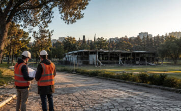 Γουδή: Ομόφωνο αίτημα για κατεδάφιση του καμένου Badminton Μηχανικοί εξετάζουν σχέδια αποκατάστασης δίπλα σε περιφραγμένο καμένο κτίριο μέσα σε μεγάλο αστικό πάρκο