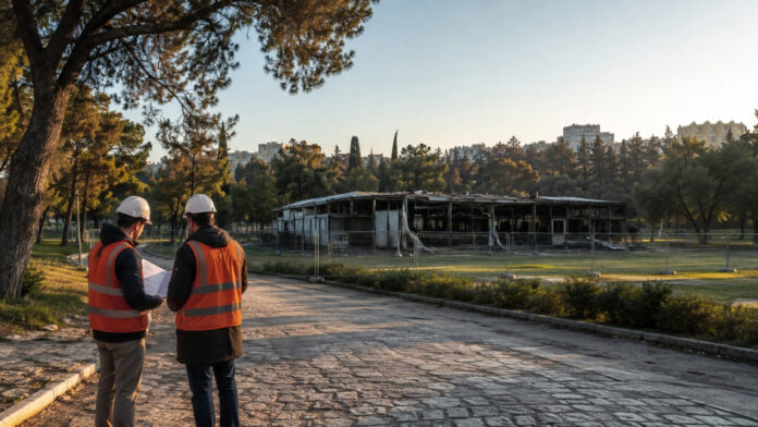 Μηχανικοί εξετάζουν σχέδια αποκατάστασης δίπλα σε περιφραγμένο καμένο κτίριο μέσα σε μεγάλο αστικό πάρκο
