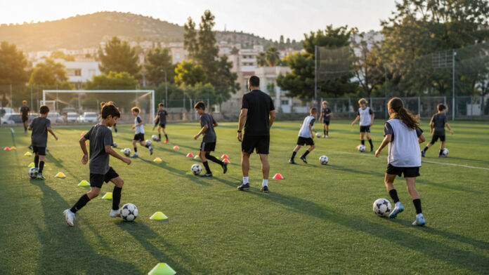 Παιδιά προπονούνται με μπάλες και κώνους σε δημοτικό γήπεδο ποδοσφαίρου
