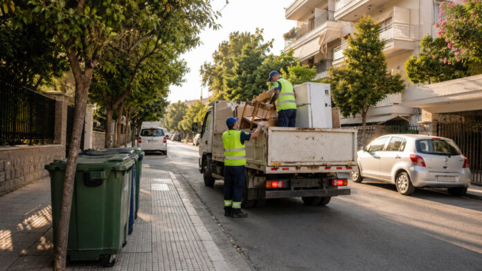 Δημοτικό συνεργείο παραλαμβάνει προγραμματισμένα ογκώδη αντικείμενα σε καθαρό δρόμο του Ηρακλείου Αττικής